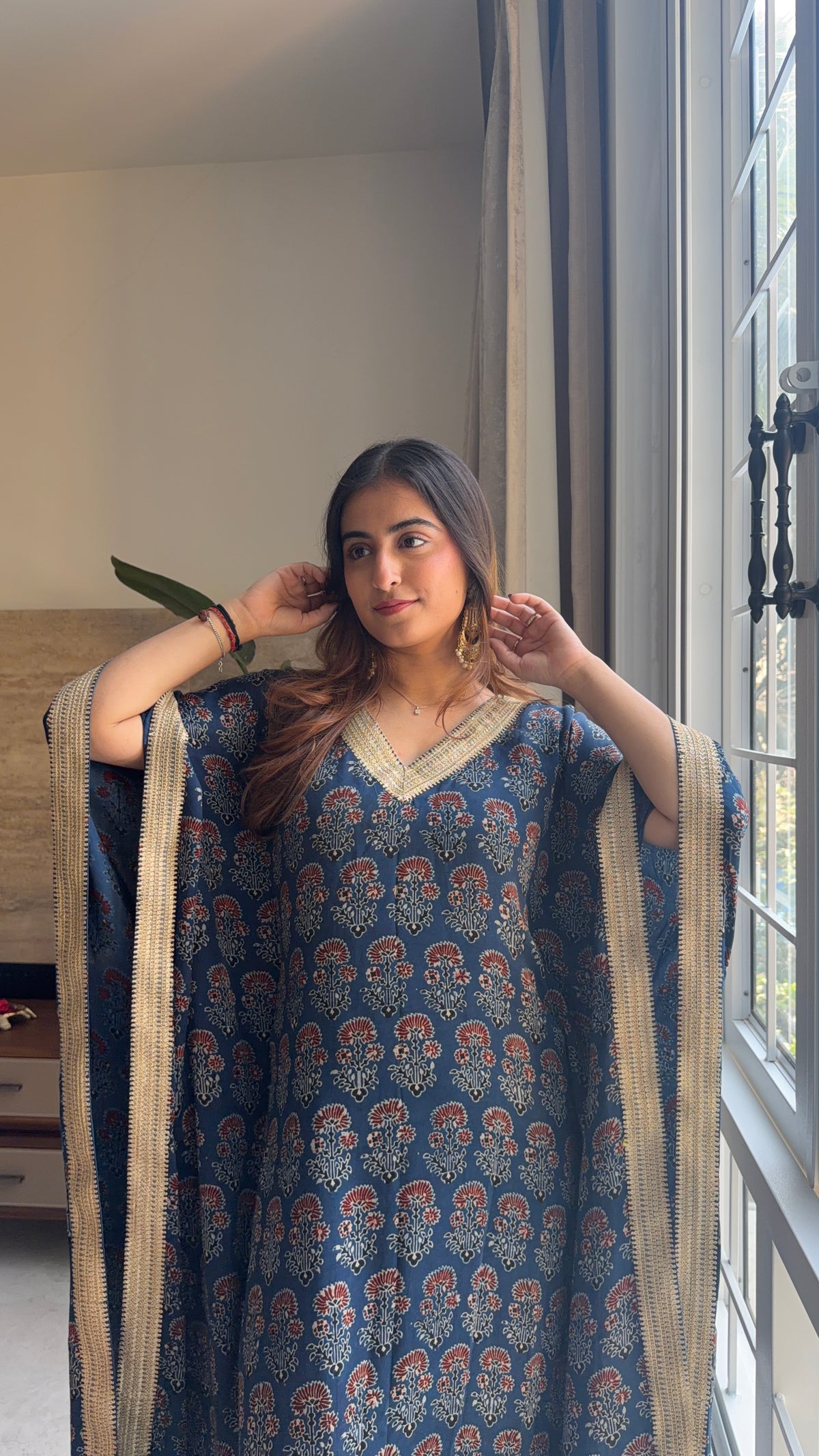 Handcrafted Indigo Ajrakh Kaftan with Gota Patti Detailing