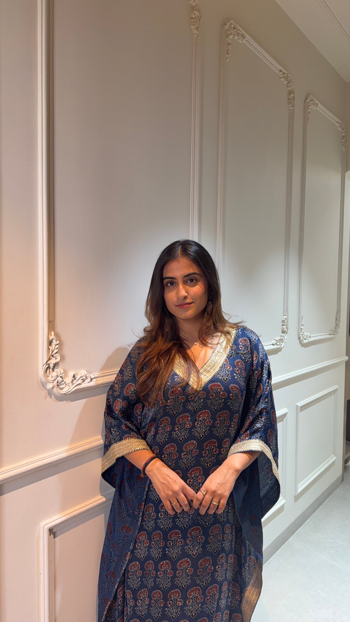 Handcrafted Indigo Ajrakh Kaftan with Gota Patti Detailing