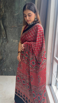 Handcrafted Ajrakh Pure Modal Silk Saree-Maroon