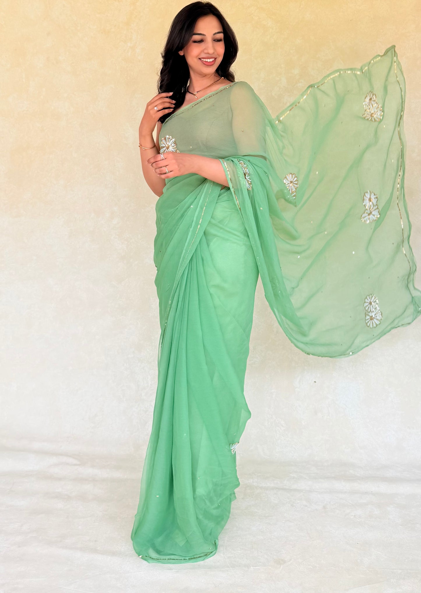 Handcrafted Rajputi Pure Chiffon Saree, Made in Jaipur-Muted Green