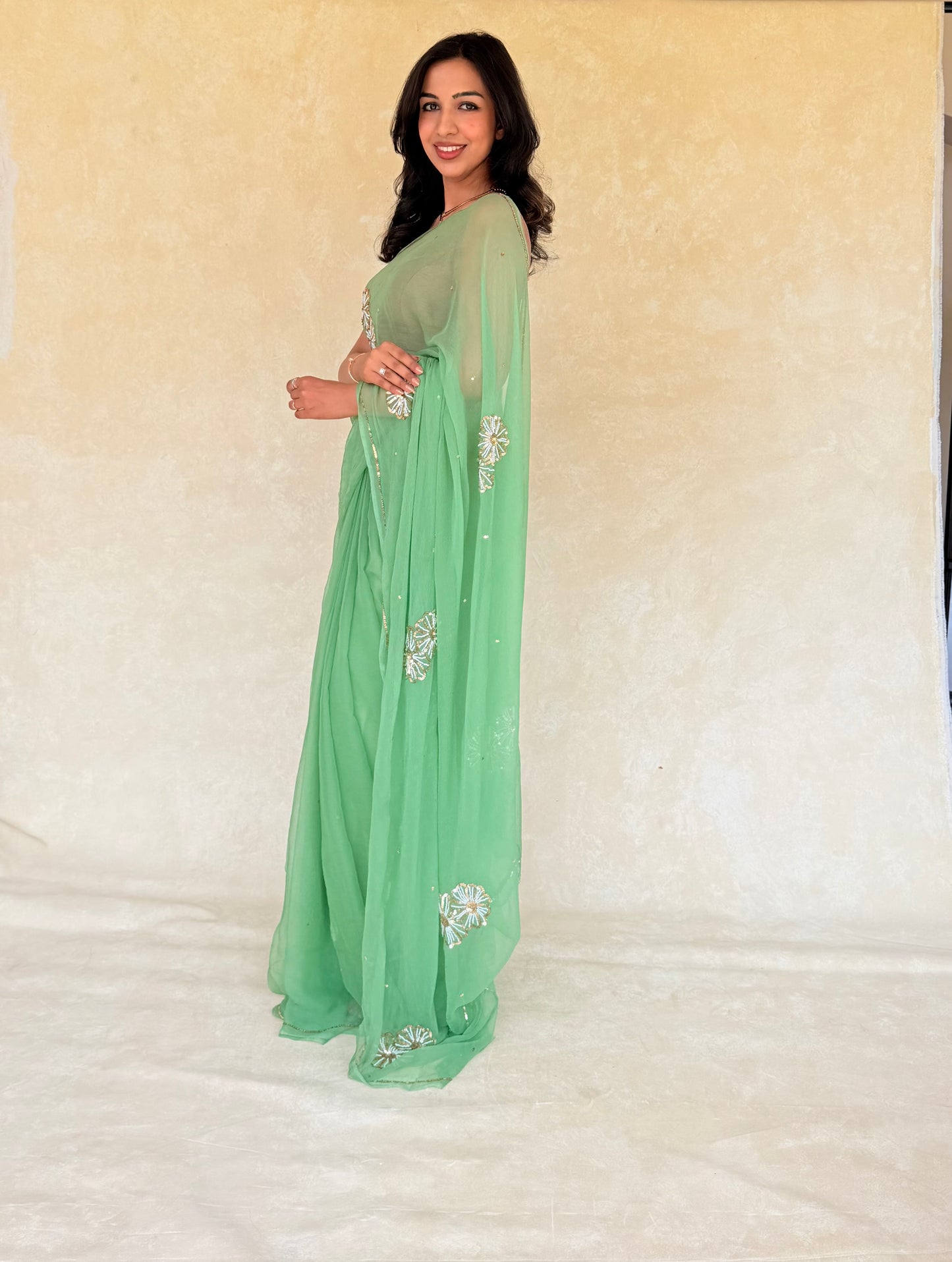 Handcrafted Rajputi Pure Chiffon Saree, Made in Jaipur-Muted Green