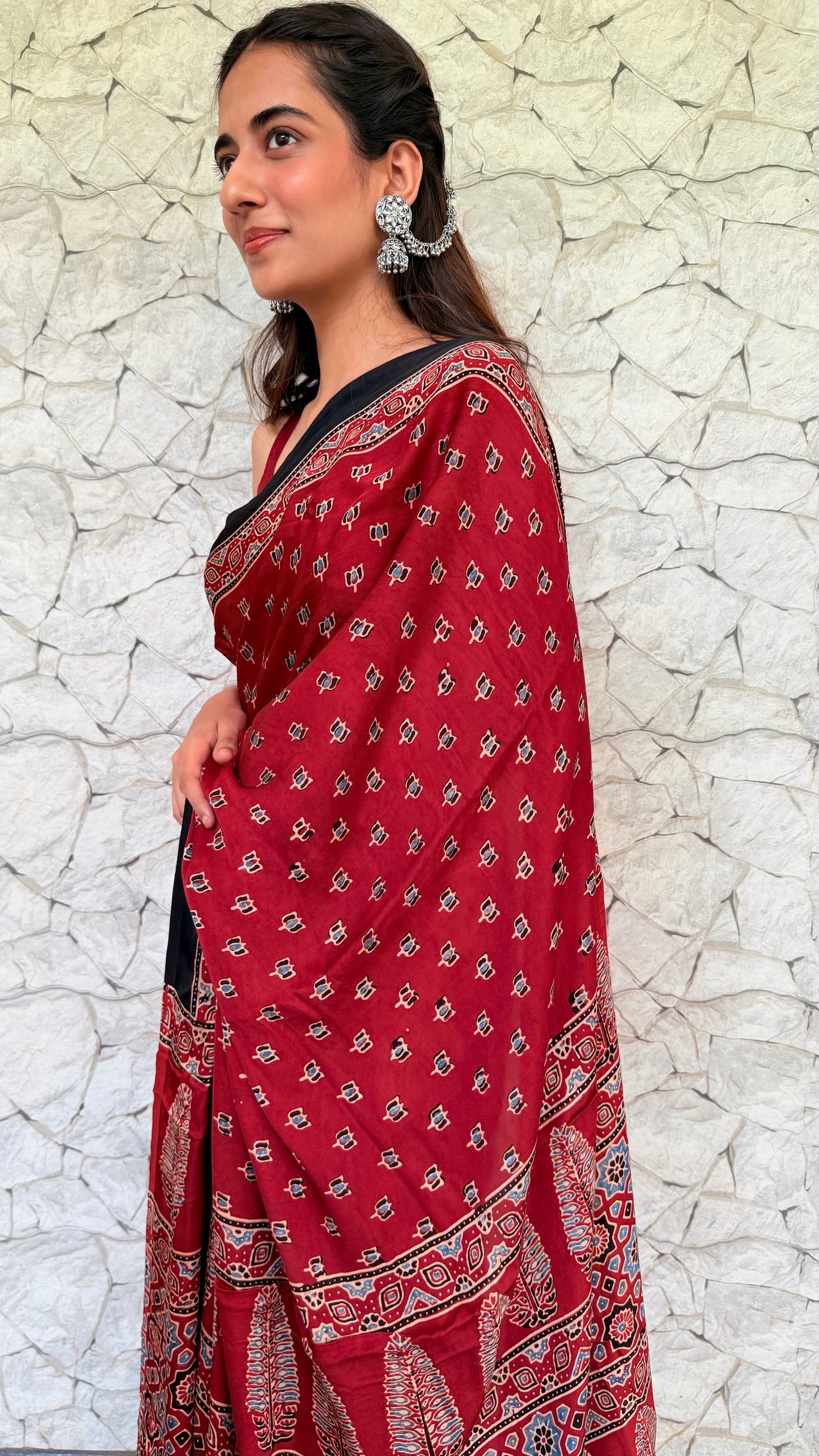 Pure Handcrafted Modal Silk Ajrakh Saree-Maroon