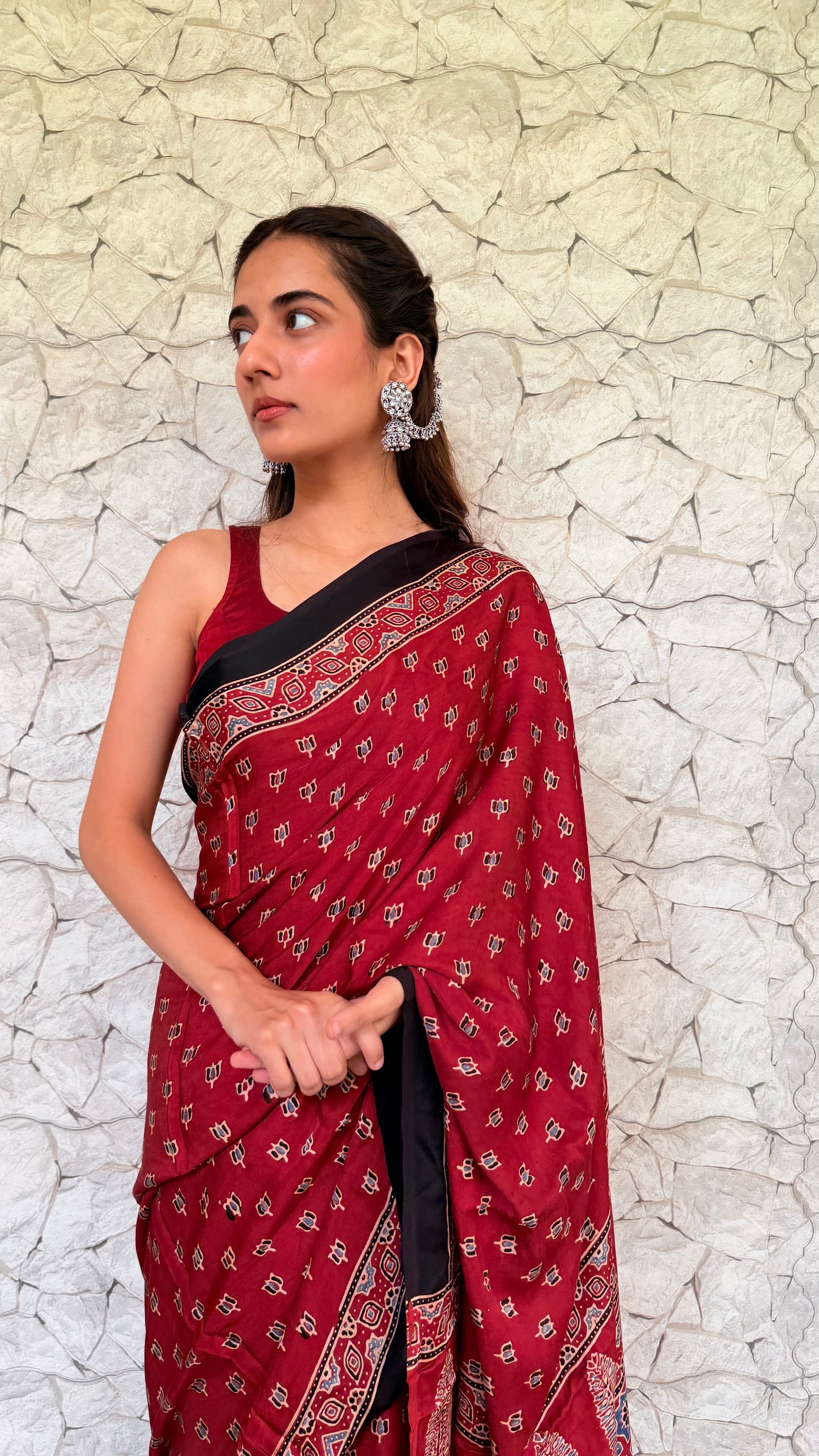Pure Handcrafted Modal Silk Ajrakh Saree-Maroon