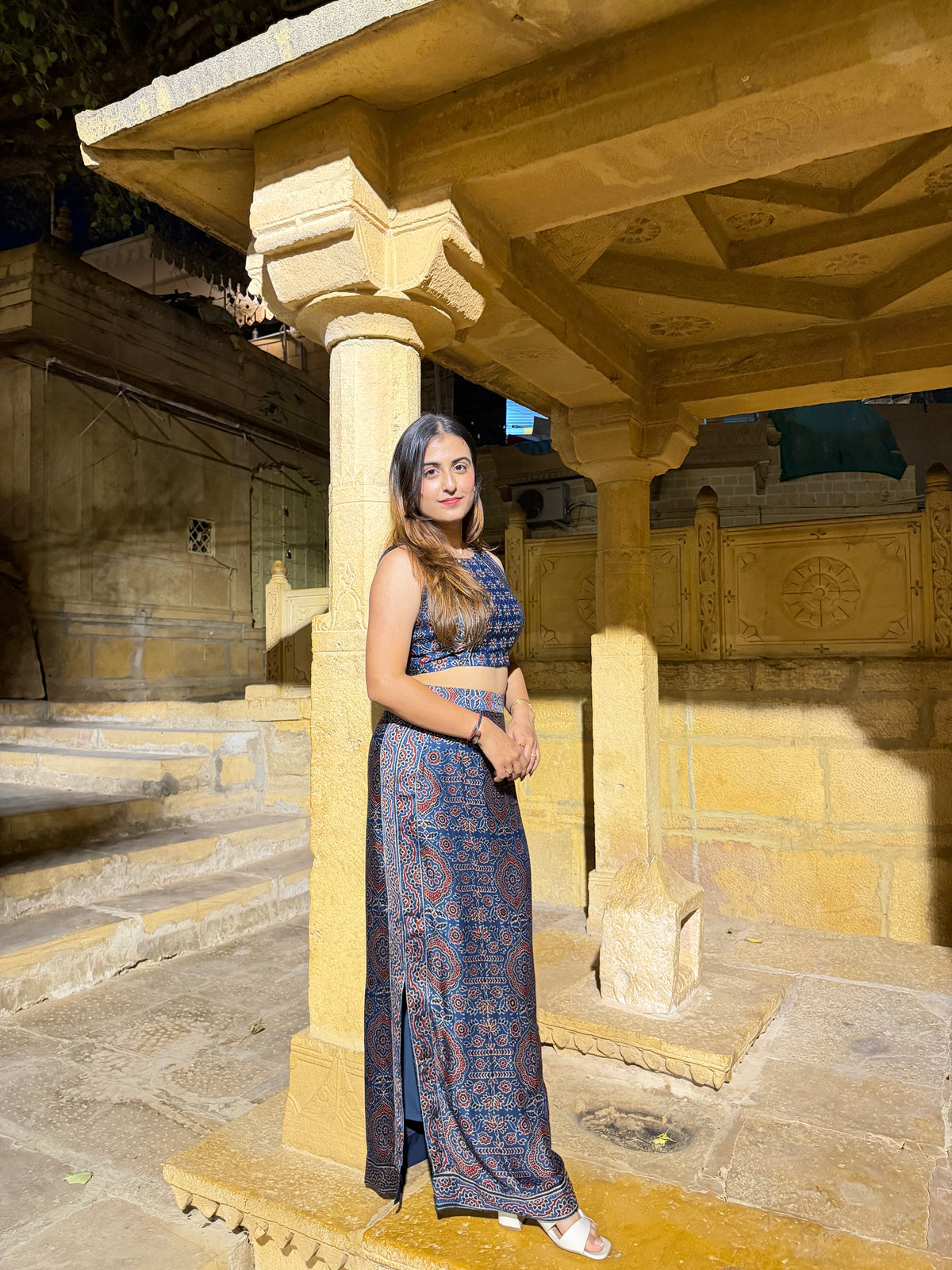 Indigo Ajrakh Modal Silk Skirt Set with Mirror Work