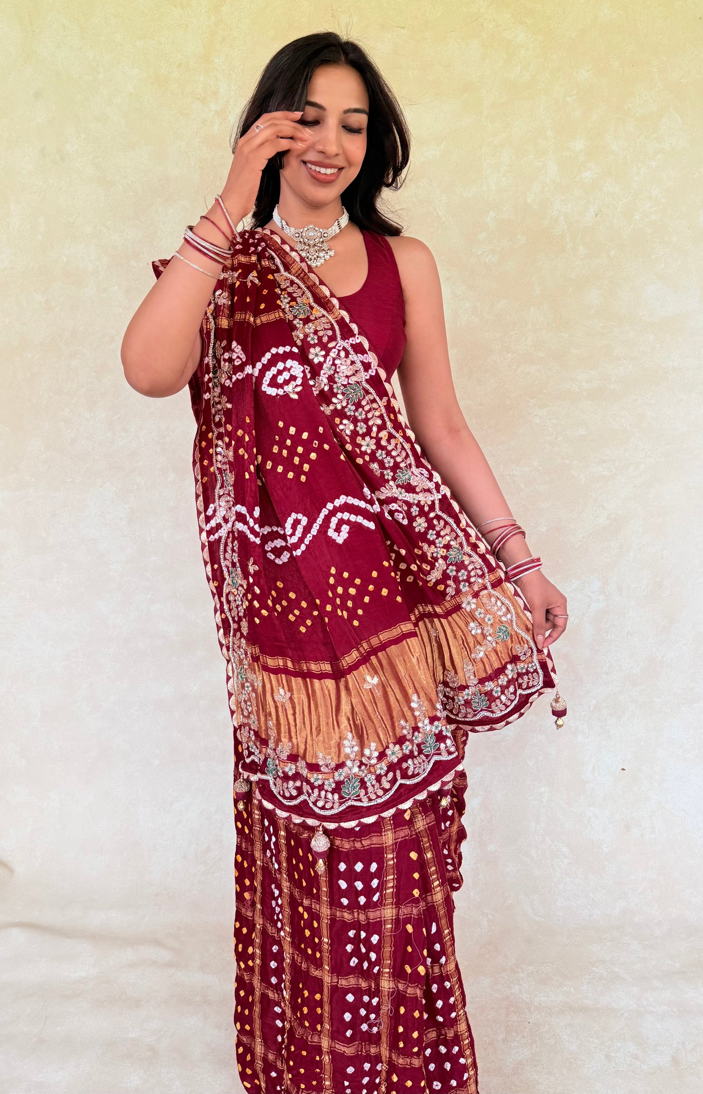 Handcrafted Gajji Silk Gharchola With Cutdhana Work