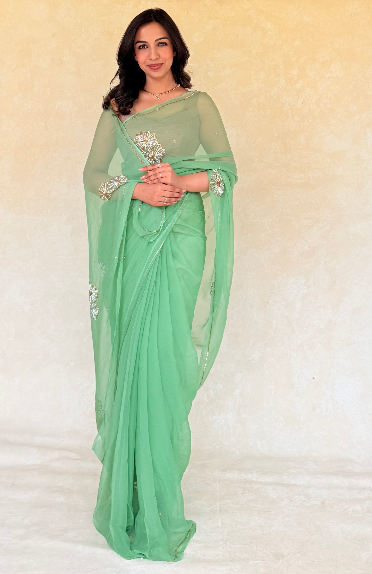 Handcrafted Rajputi Pure Chiffon Saree, Made in Jaipur-Muted Green