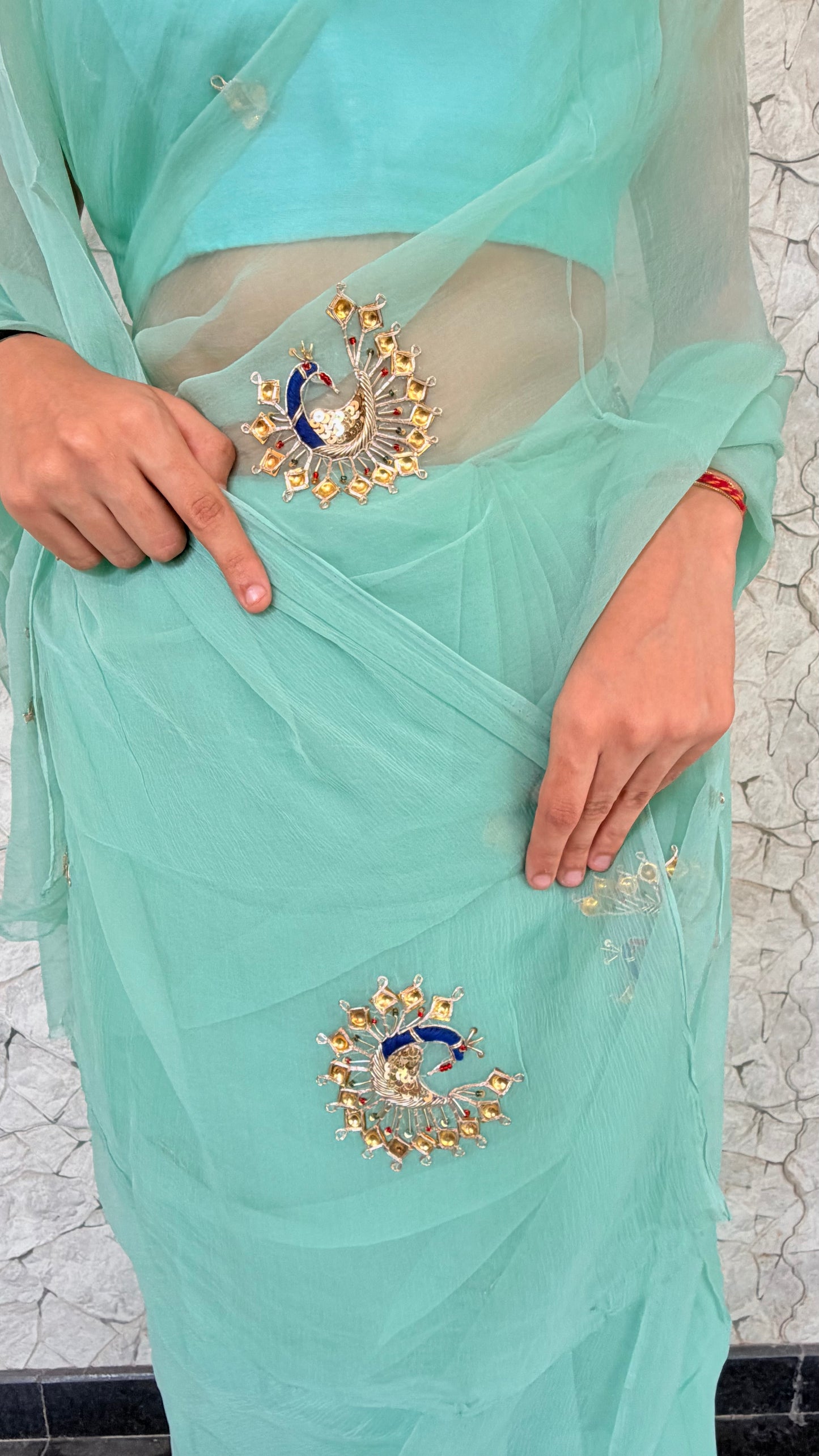 Handcrafted Rajputi Pure Chiffon Saree- Turquoise Blue