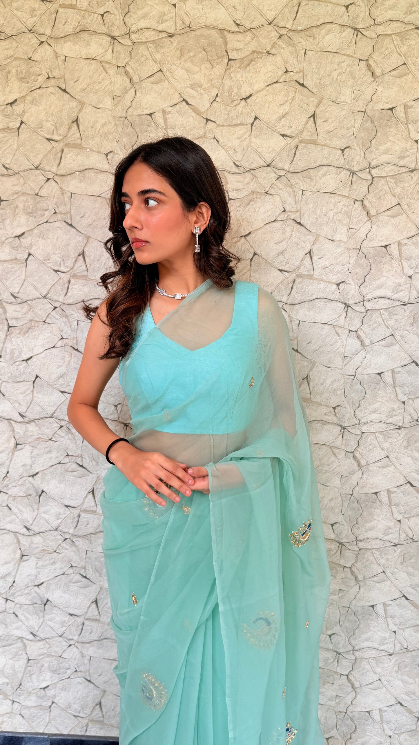 Handcrafted Rajputi Pure Chiffon Saree- Turquoise Blue