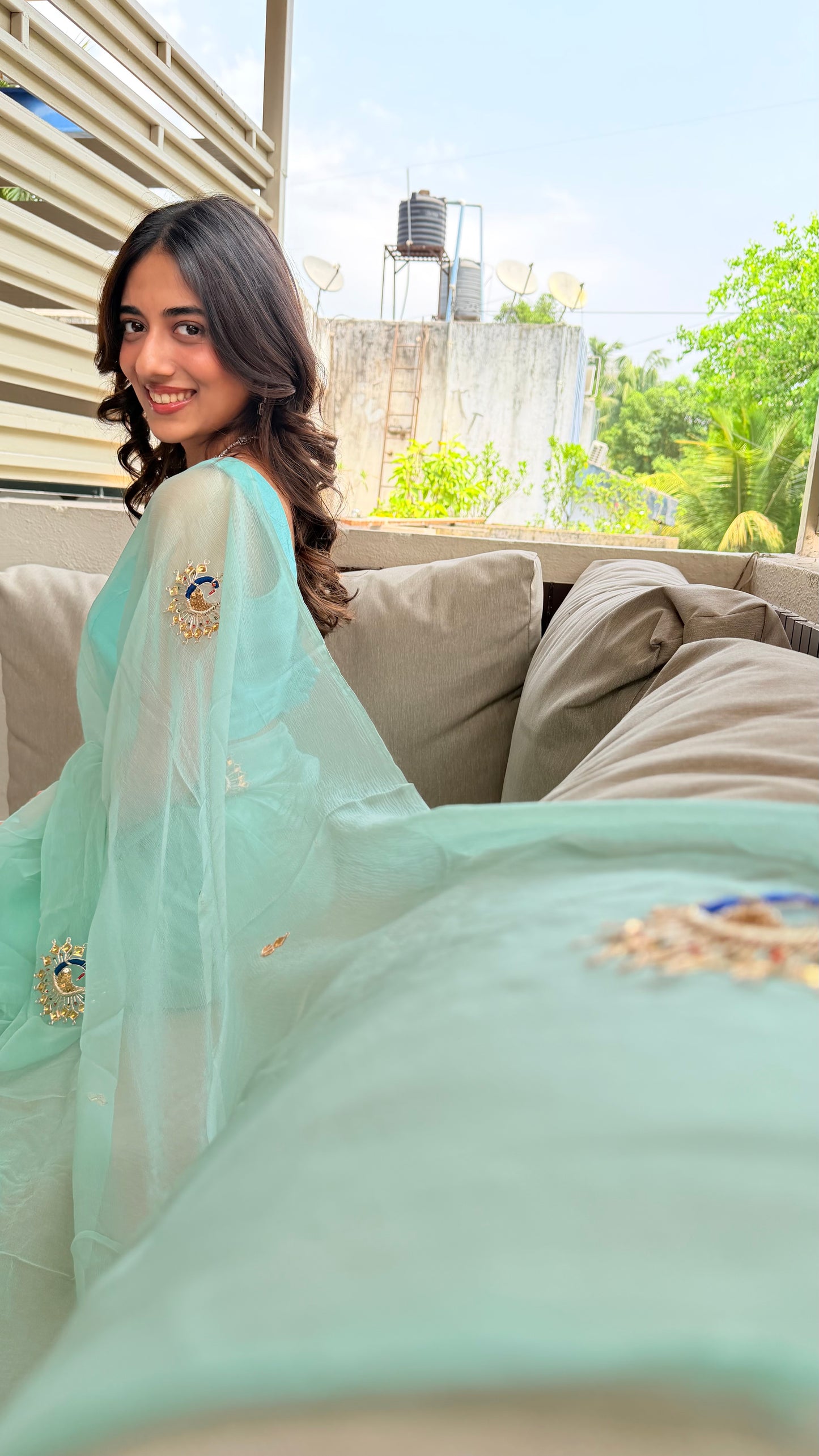 Handcrafted Rajputi Pure Chiffon Saree- Turquoise Blue