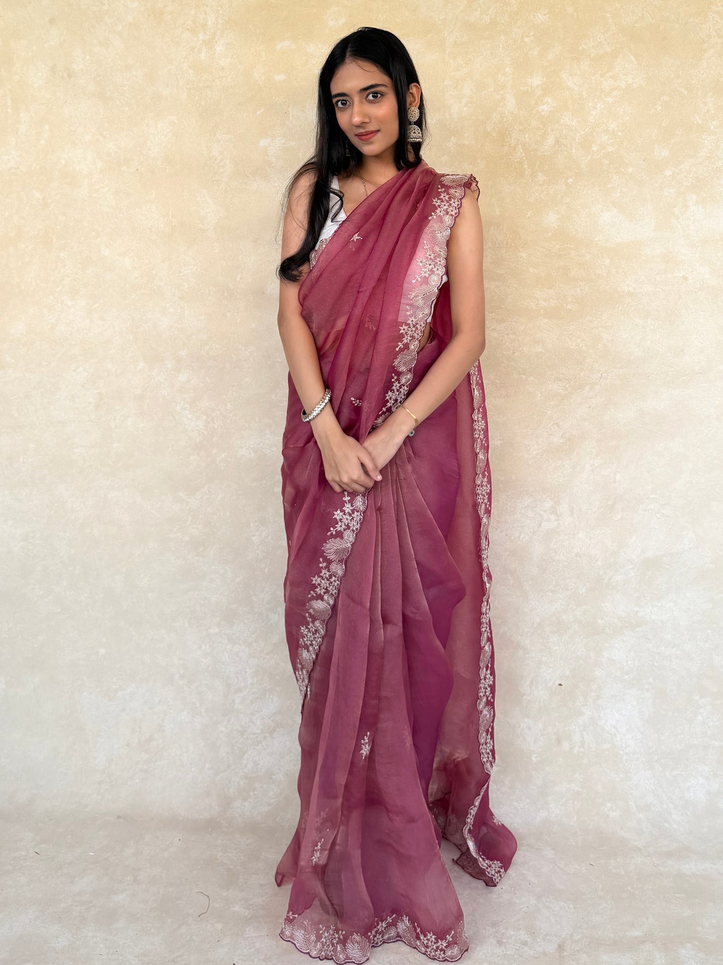 Dusty Rose Soft Tissue Saree with Intricate Pita Work