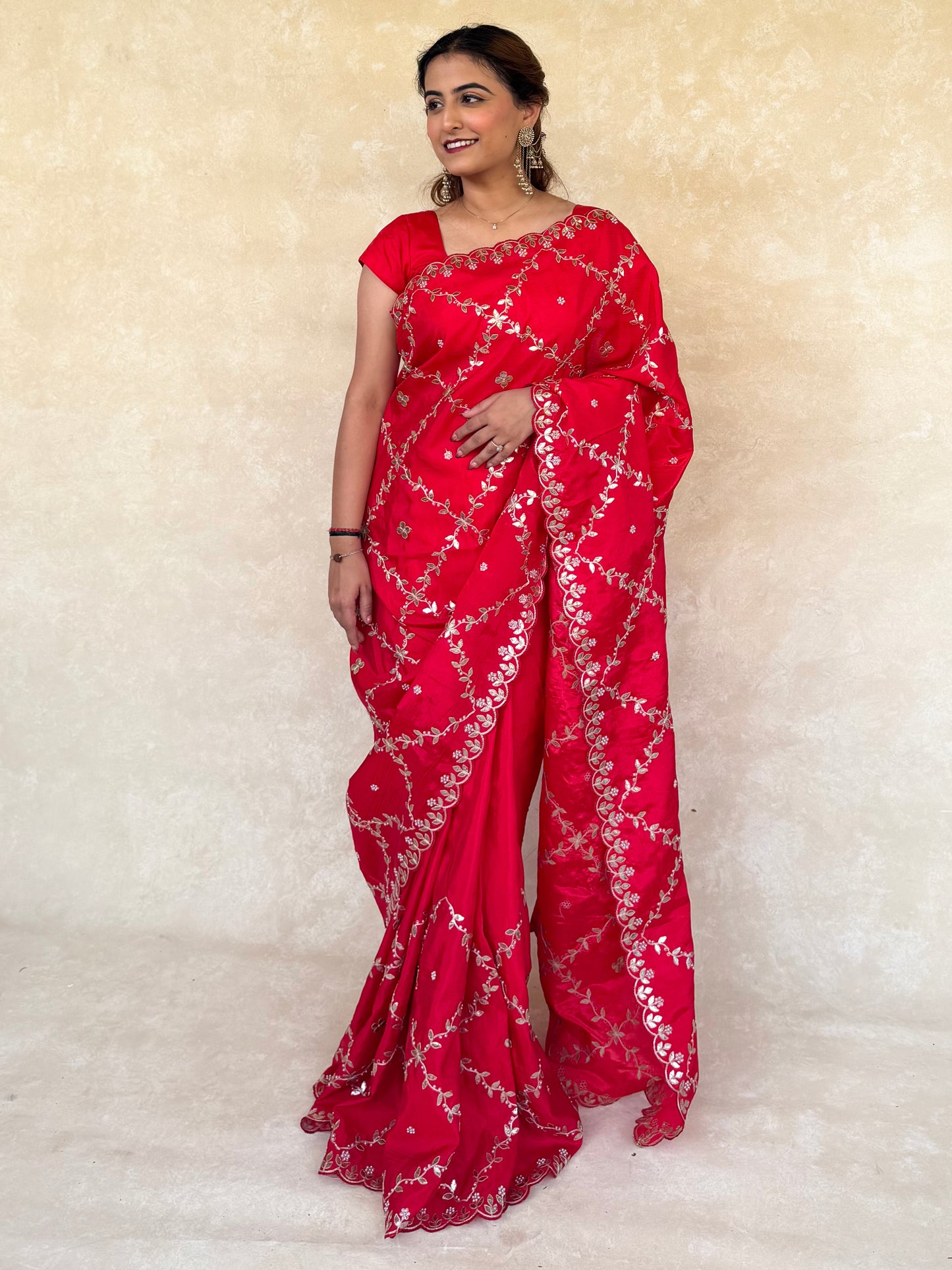 Red H.O. Silk Saree with Gota Foil, Sequence & Moti Work