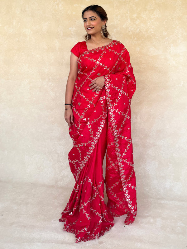 Red H.O. Silk Saree with Gota Foil, Sequence & Moti Work
