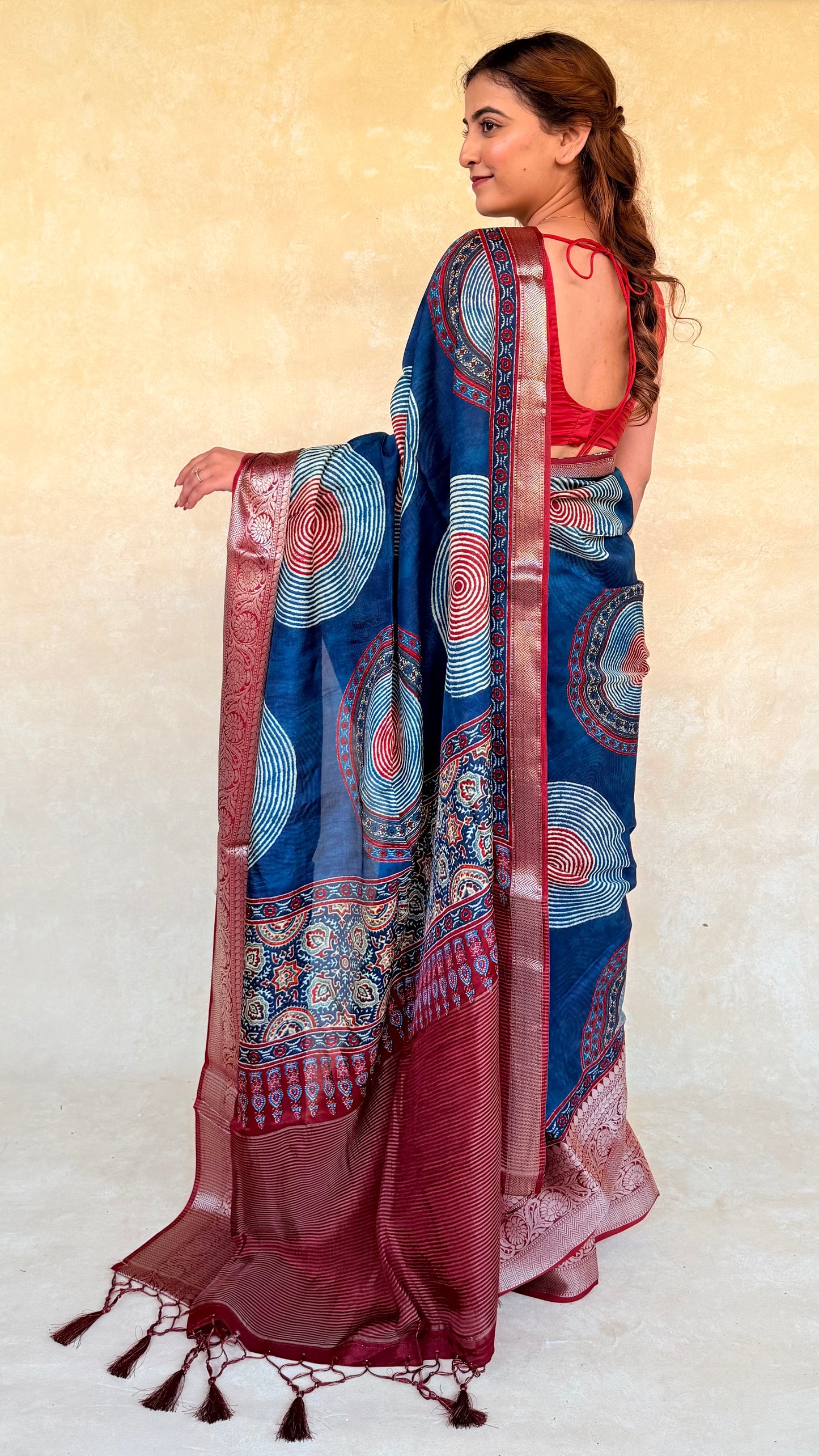 Russian Dola Silk Saree in Indigo & Madder with Circular Ajrakh-Inspired Motifs