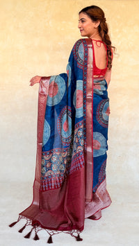 Russian Dola Silk Saree in Indigo & Madder with Circular Ajrakh-Inspired Motifs