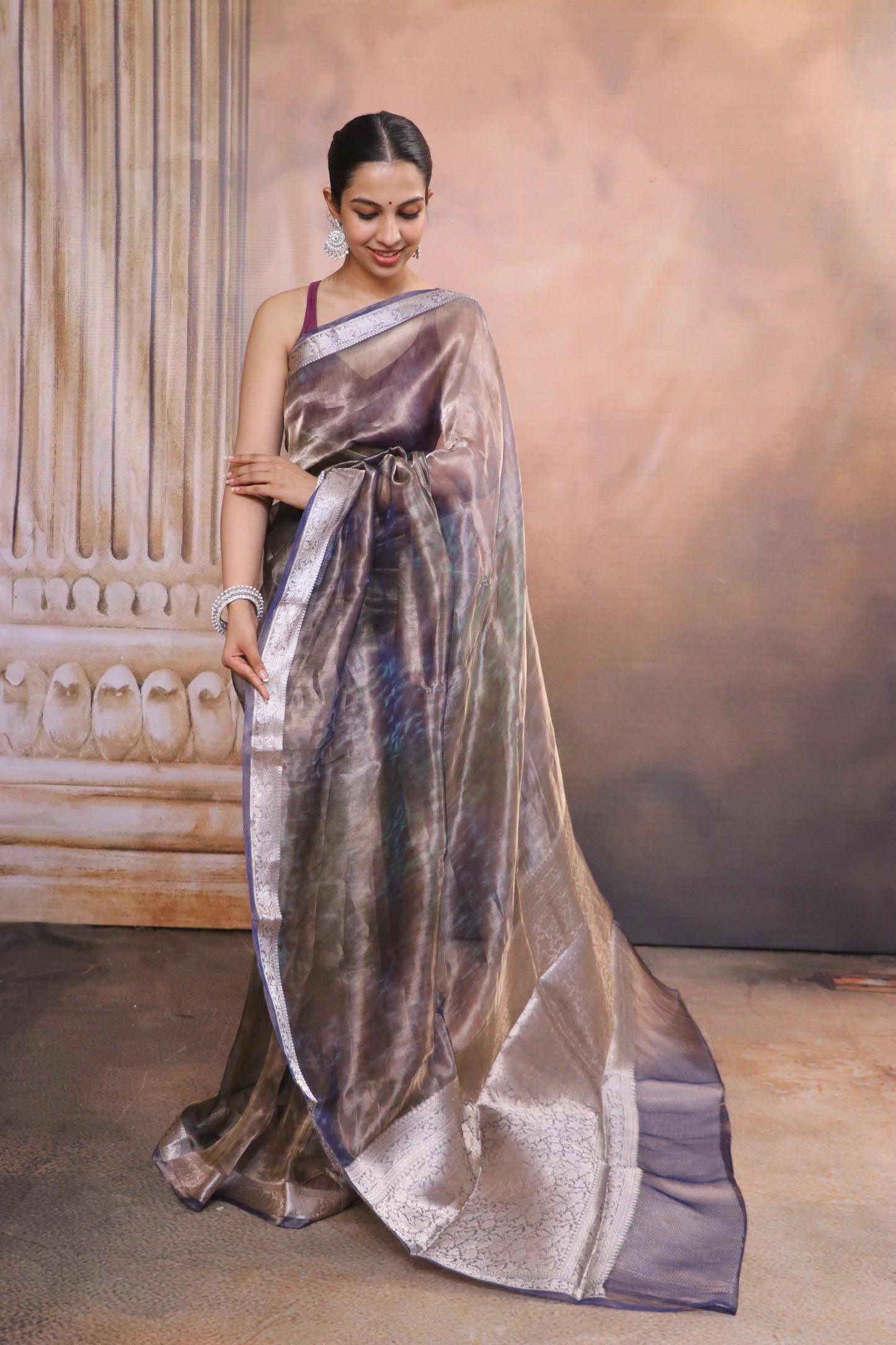 Tissue Saree With Zari and Banarasi Border-Brown Green
