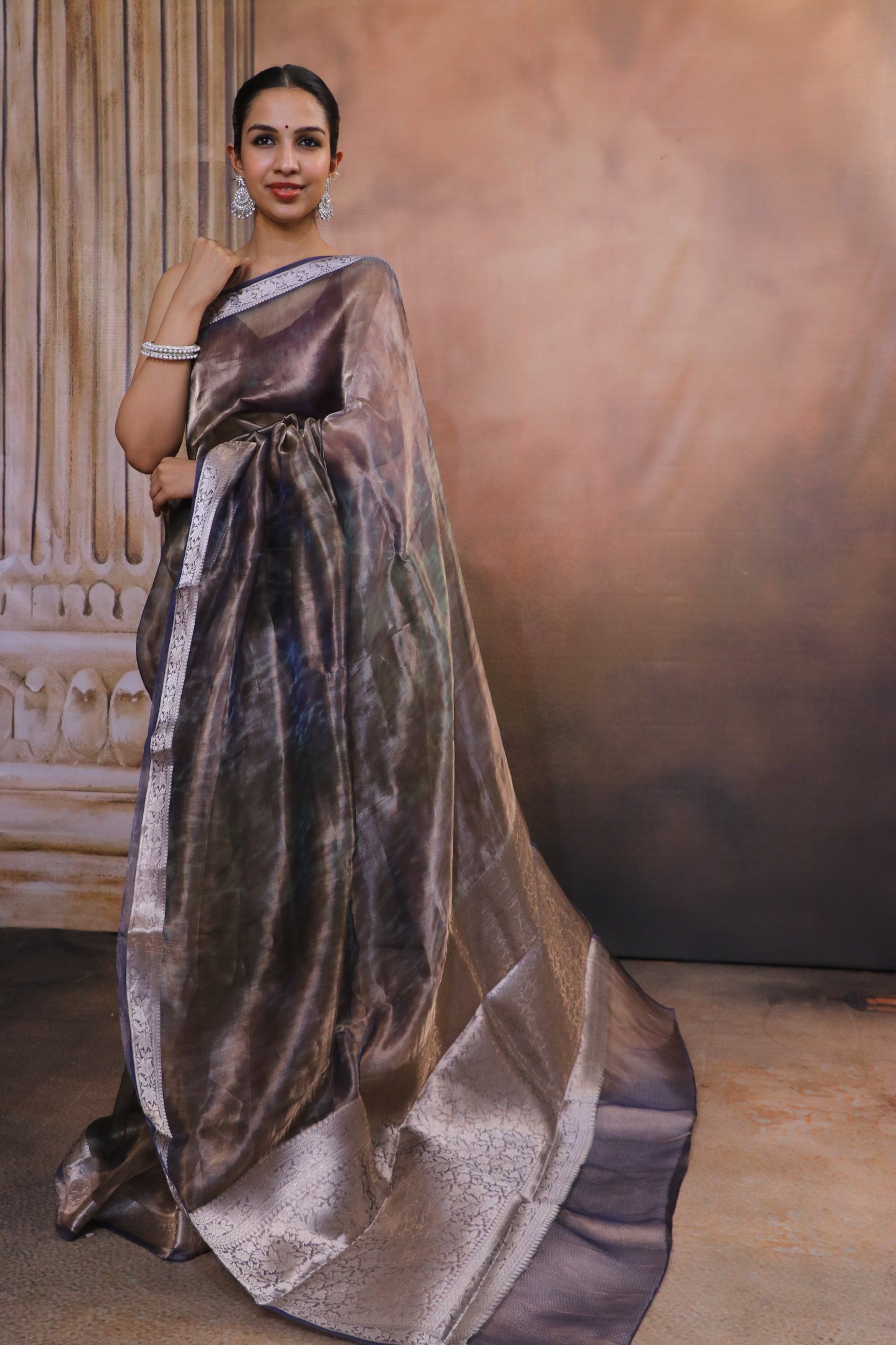 Tissue Saree With Zari and Banarasi Border-Brown Green