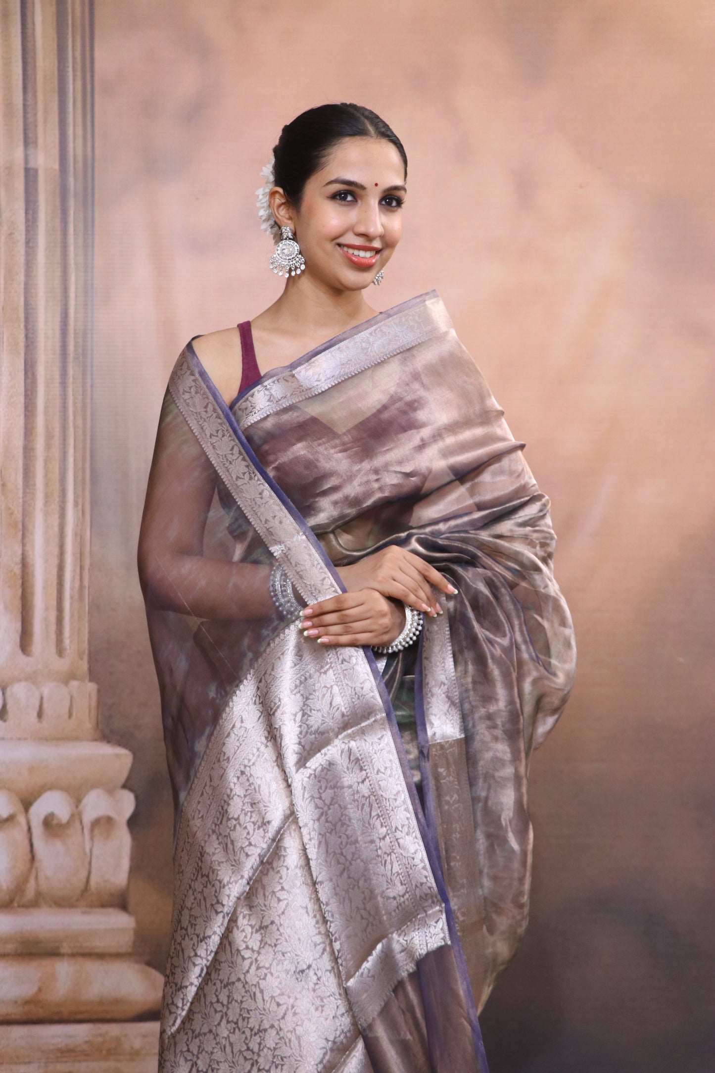 Tissue Saree With Zari and Banarasi Border-Brown Green