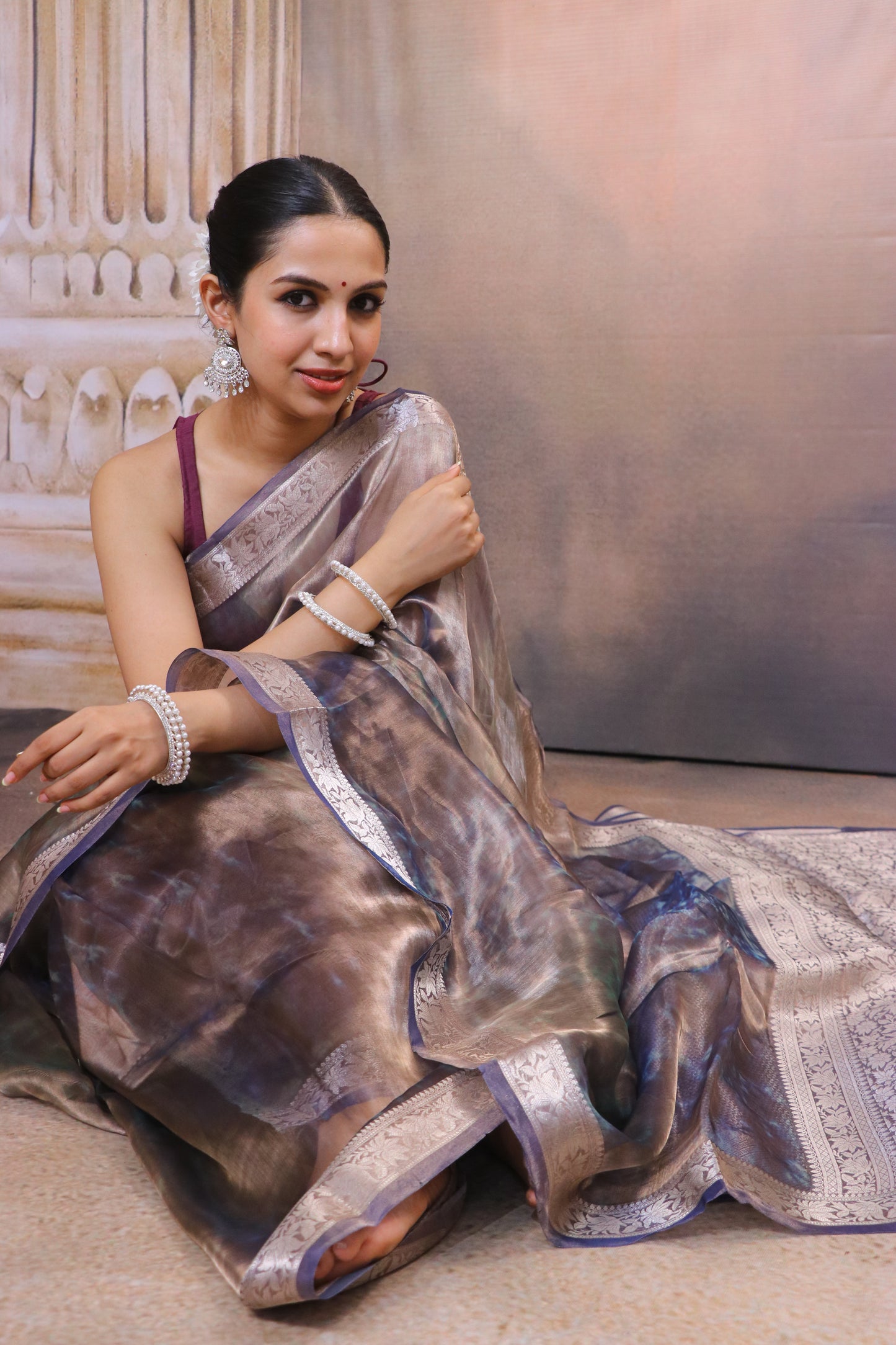 Tissue Saree With Zari and Banarasi Border-Brown Green