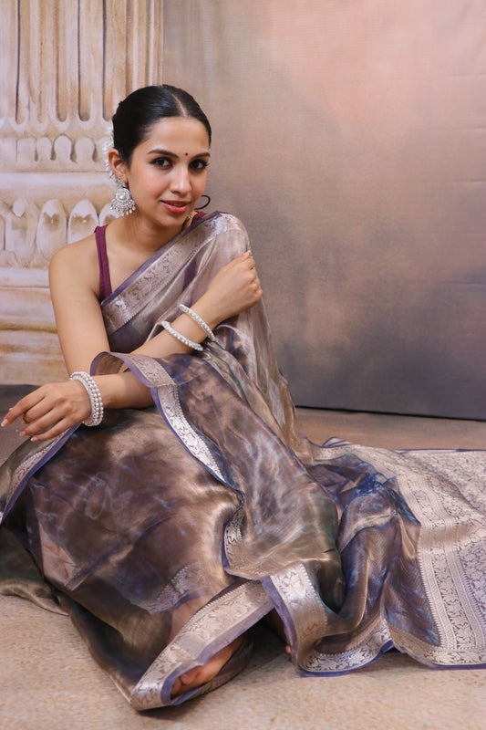 Tissue Saree With Zari and Banarasi Border-Brown Green