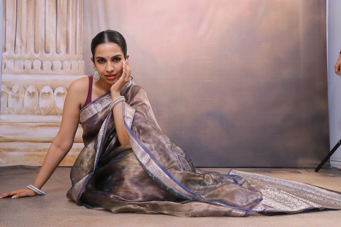 Tissue Saree With Zari and Banarasi Border-Brown Green