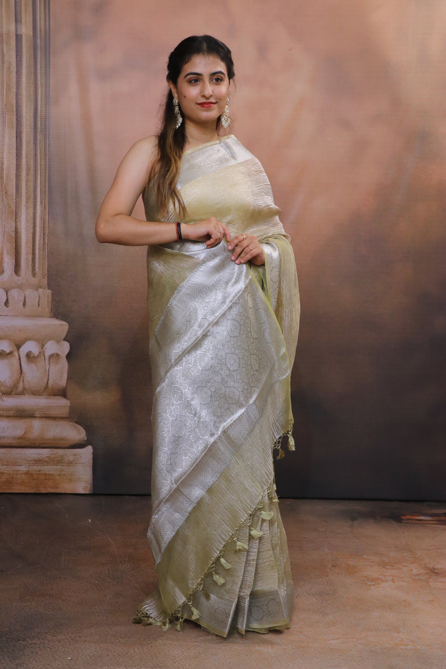Crushed Tissue Saree With Silver Zari and Banarasi Border-Green