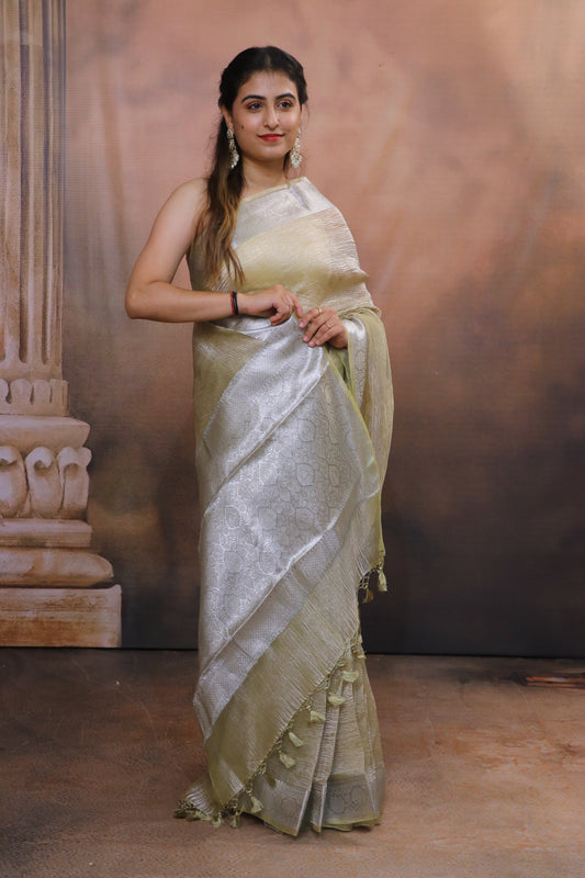 Crushed Tissue Saree With Silver Zari and Banarasi Border-Green