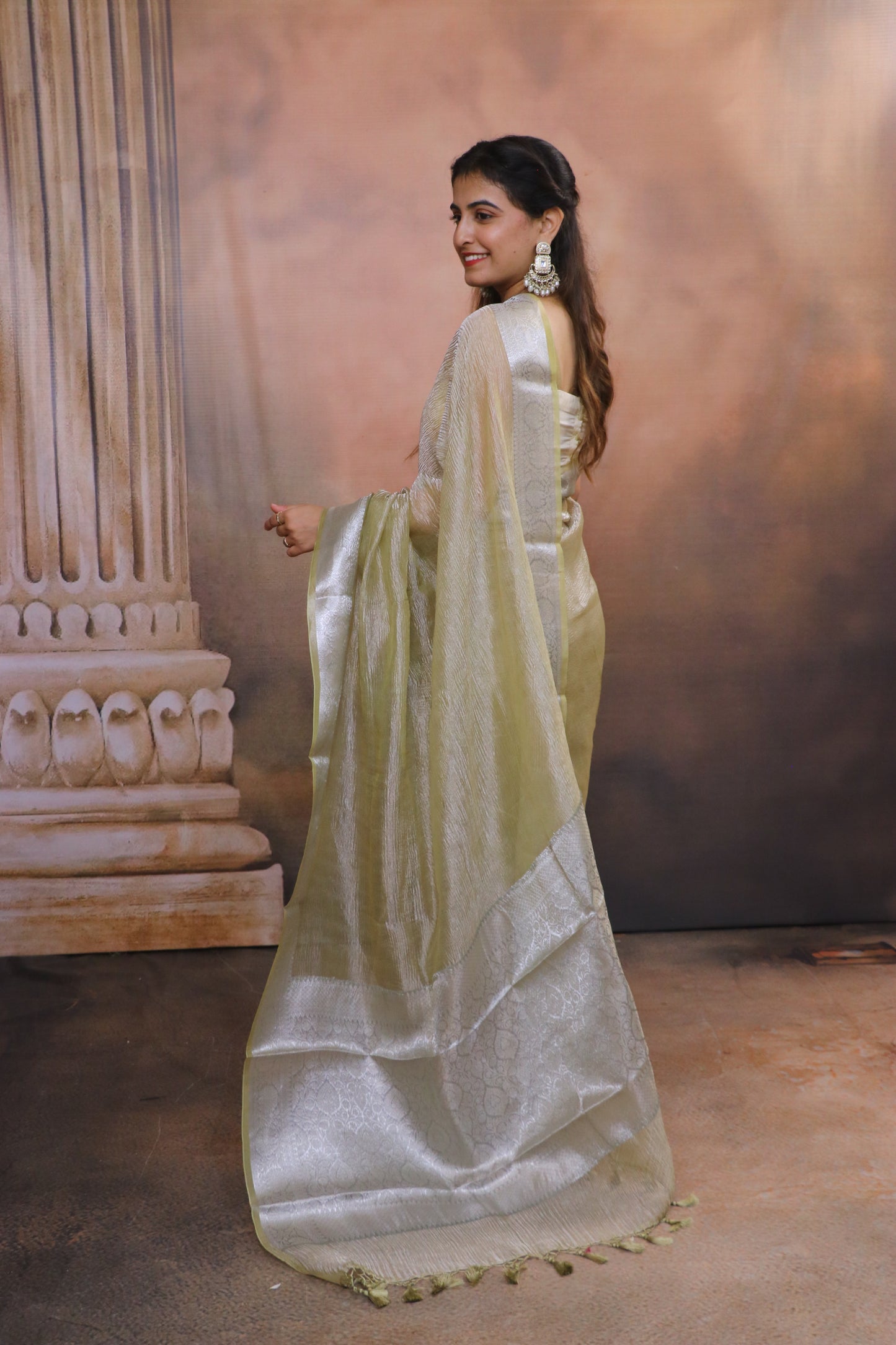Crushed Tissue Saree With Silver Zari and Banarasi Border-Green