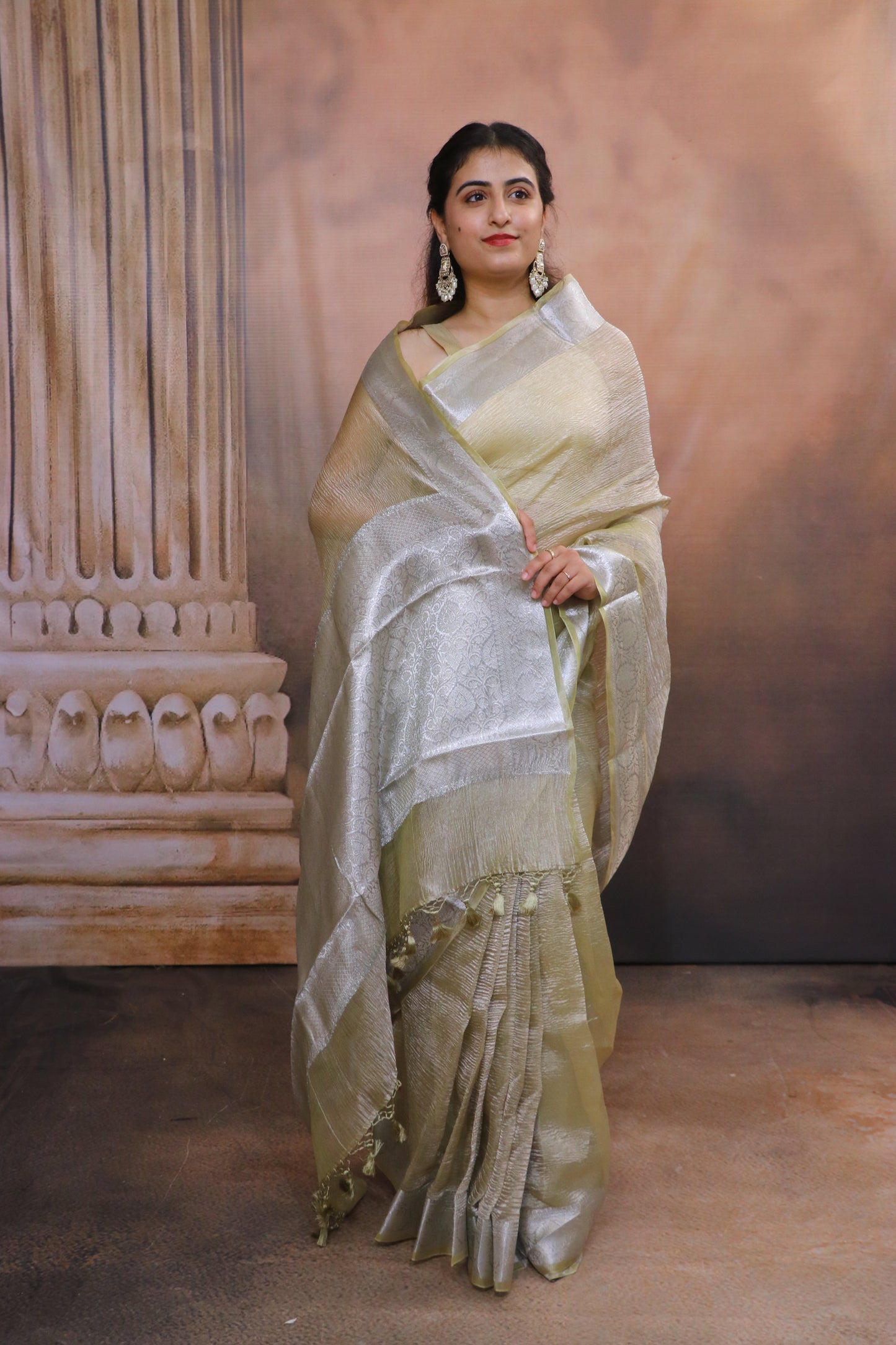 Crushed Tissue Saree With Silver Zari and Banarasi Border-Green