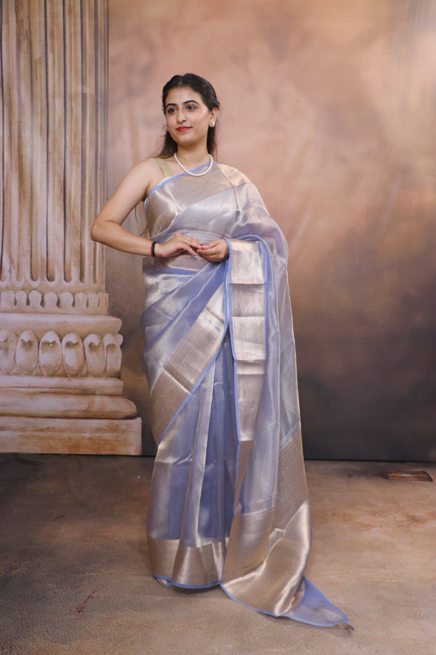 Tissue Saree With Zari and Banarasi Border-Blue