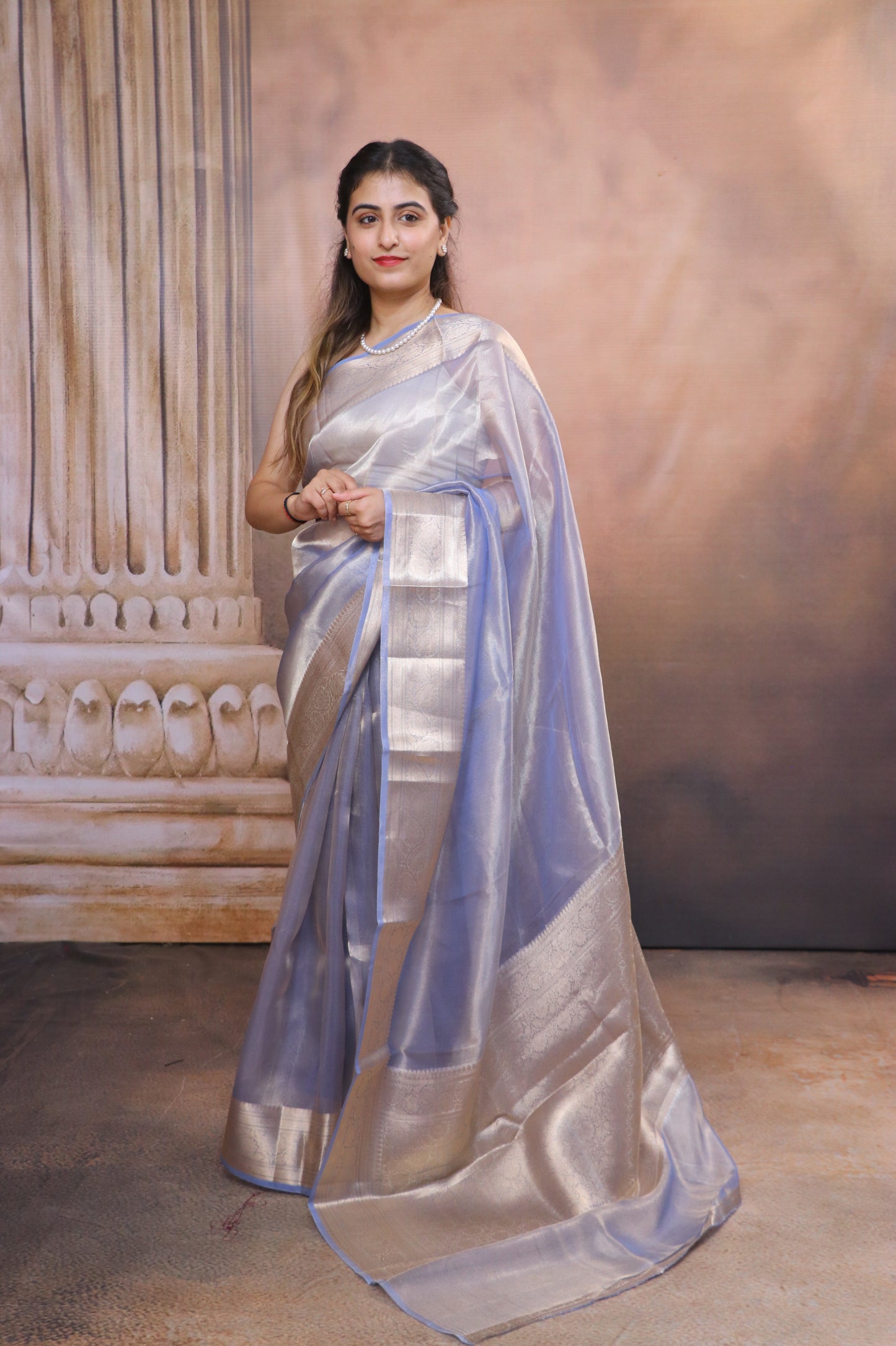 Tissue Saree With Zari and Banarasi Border-Blue