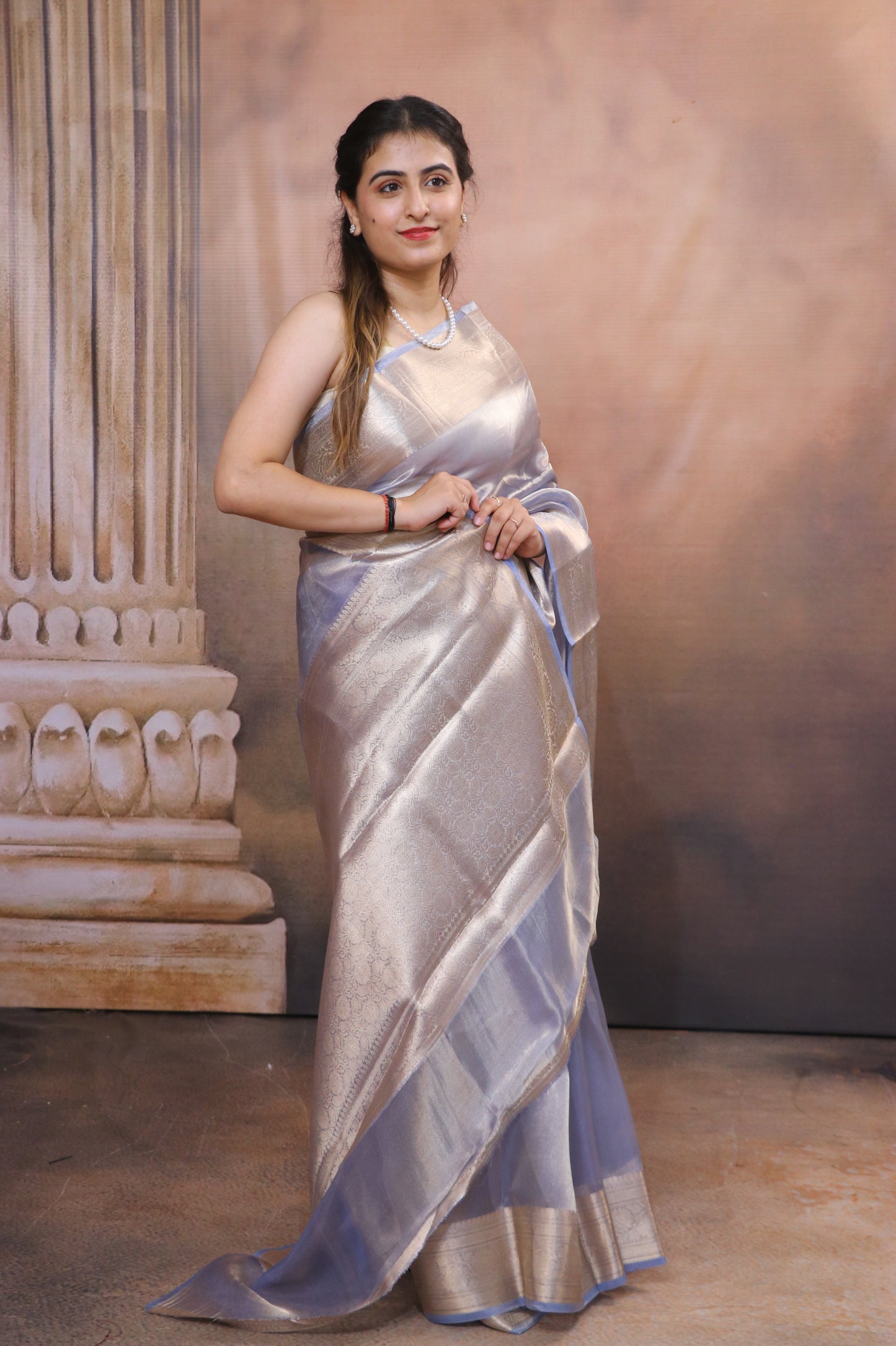 Tissue Saree With Zari and Banarasi Border-Blue