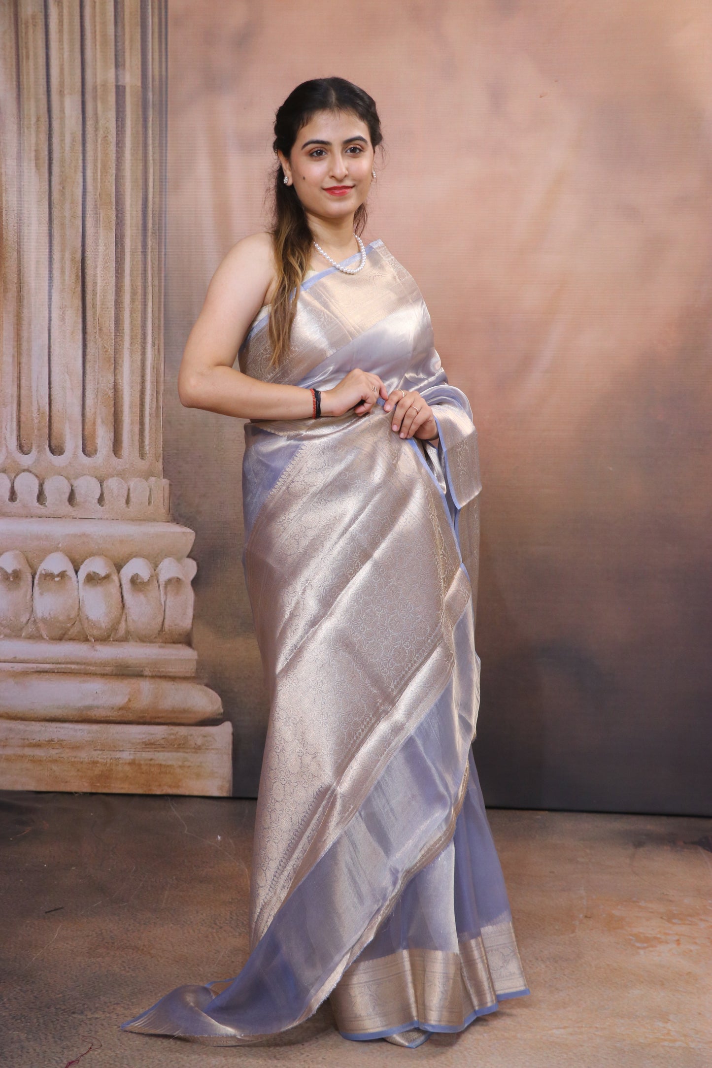 Tissue Saree With Zari and Banarasi Border-Blue