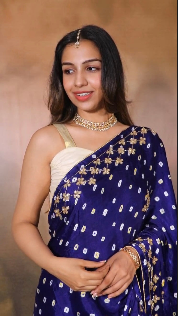 Modal Gajji Bandhani Saree-Ink Blue