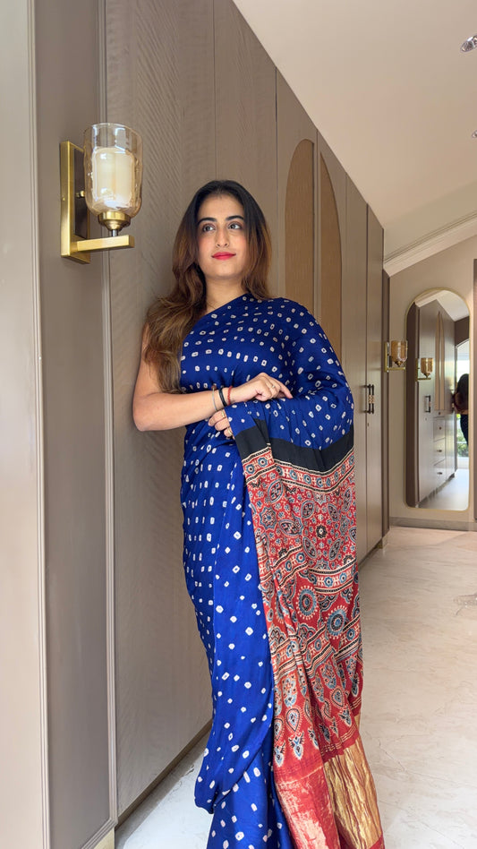 Bandhani x Ajrakh Handcrafted Saree