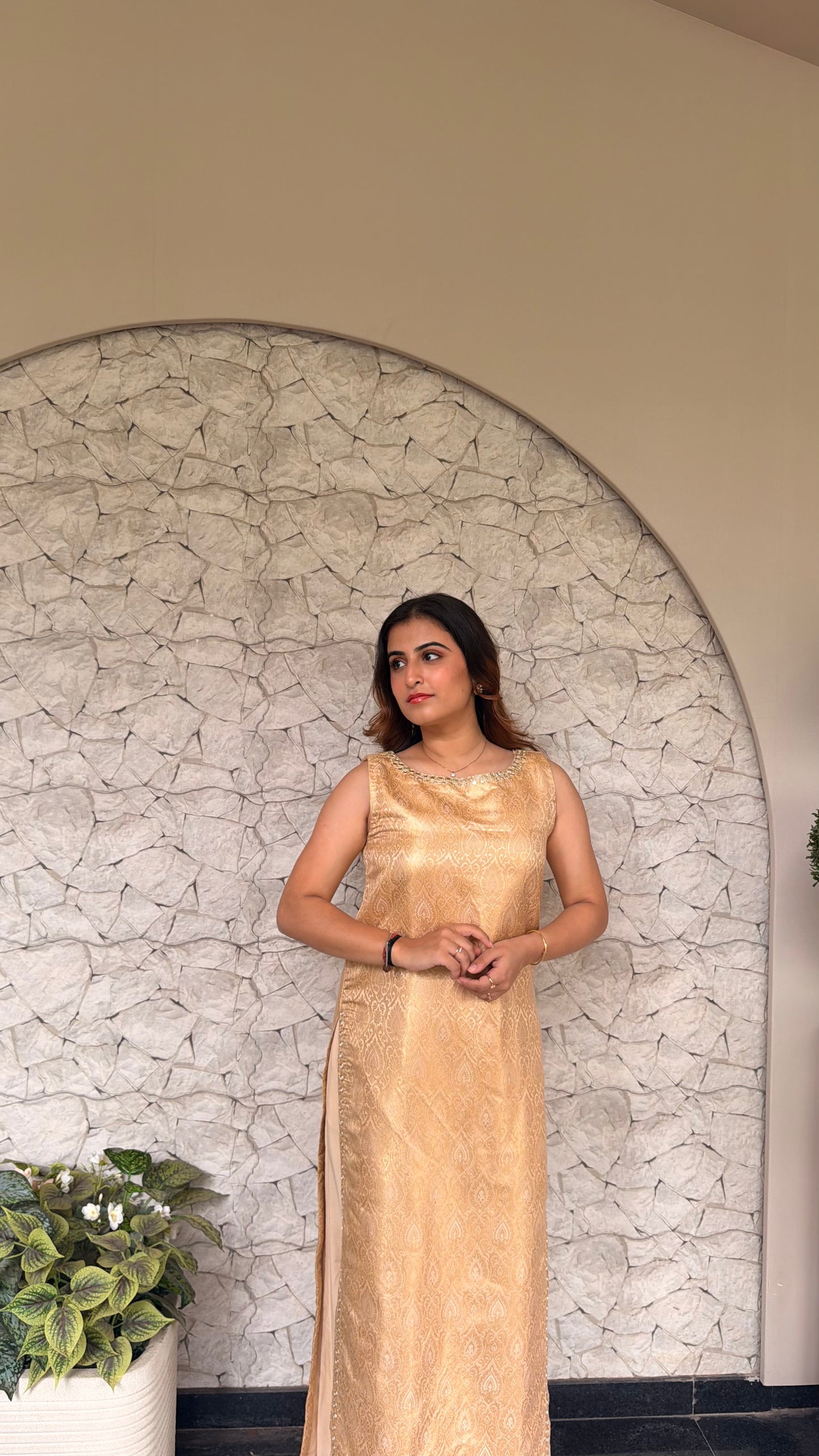 Banarasi Gold Zari mashru Silk Brocade A-Line Kurta Set with Mirror Work