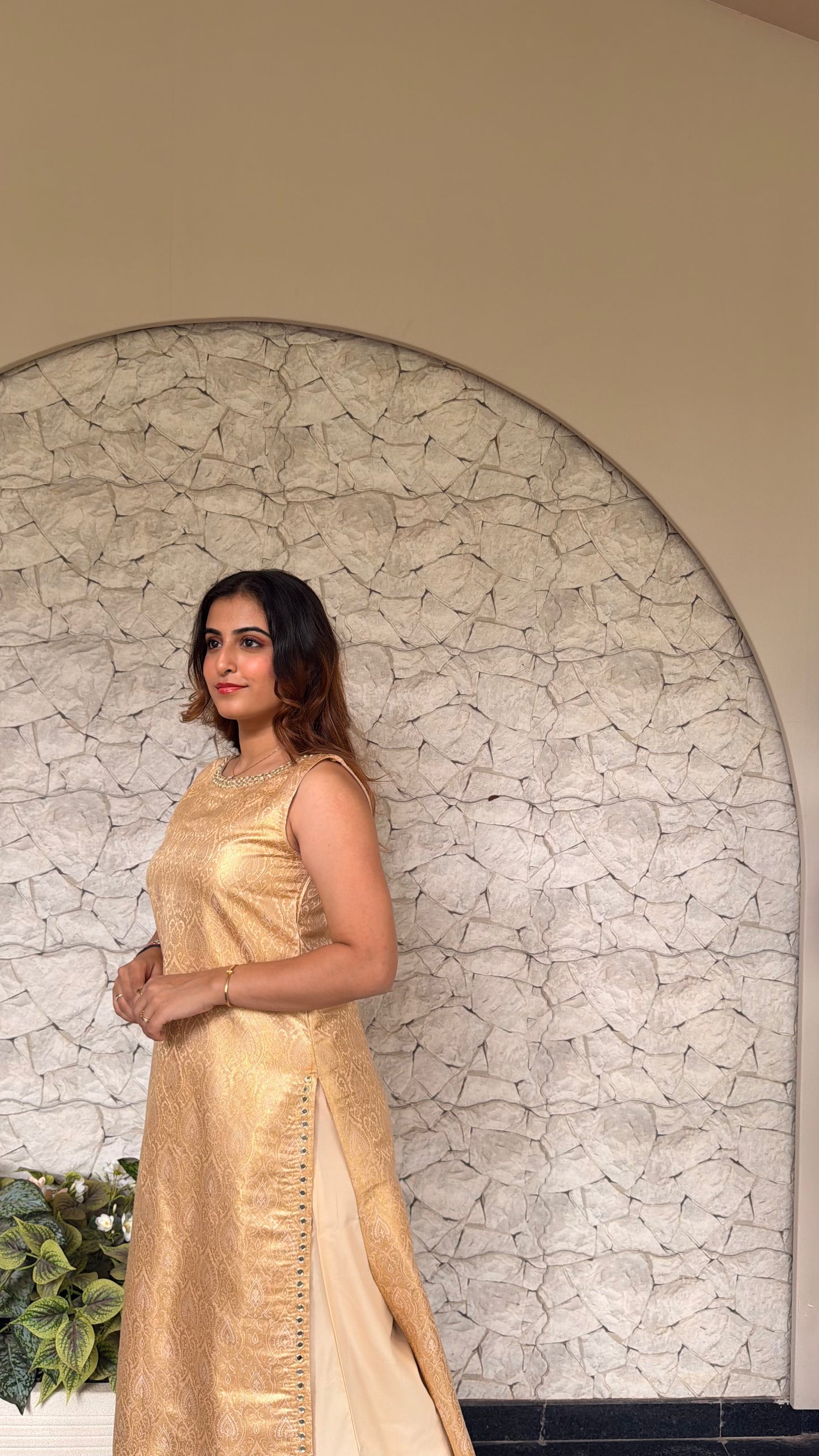 Banarasi Gold Zari mashru Silk Brocade A-Line Kurta Set with Mirror Work