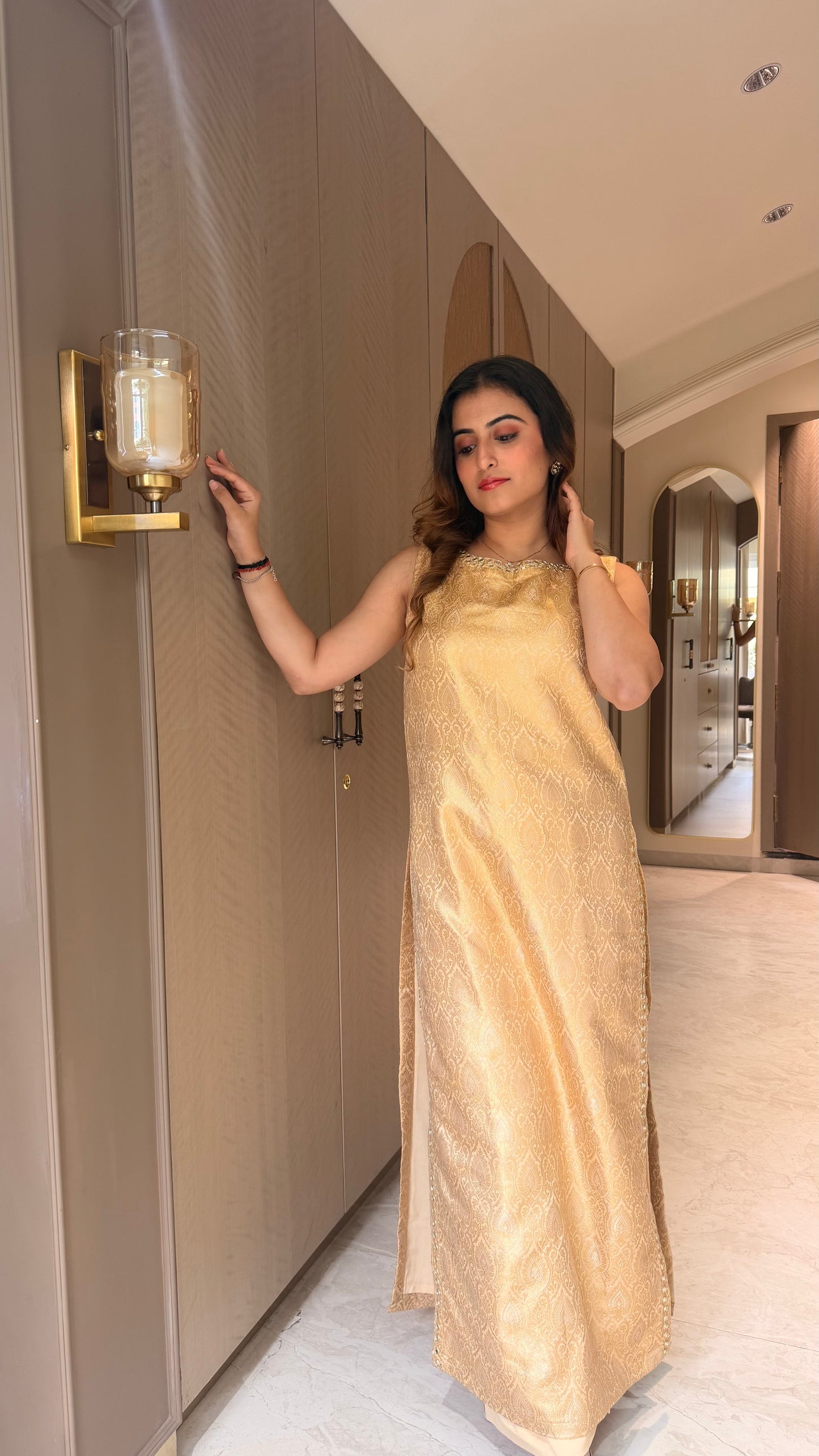 Banarasi Gold Zari mashru Silk Brocade A-Line Kurta Set with Mirror Work