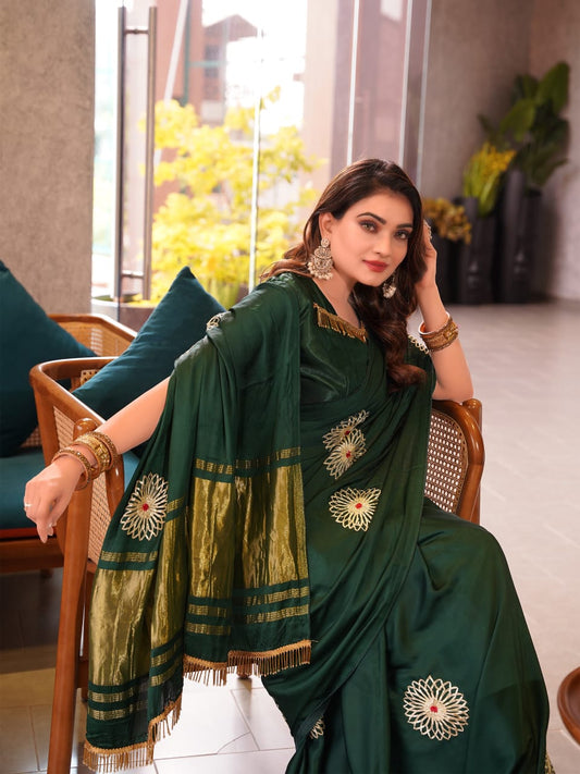 Emerald Modal Silk Saree with Handcrafted Gota Patti Floral Work