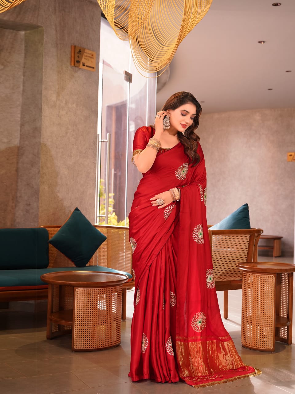 Maroon Modal Silk Saree with Handcrafted Gota Patti Floral Work
