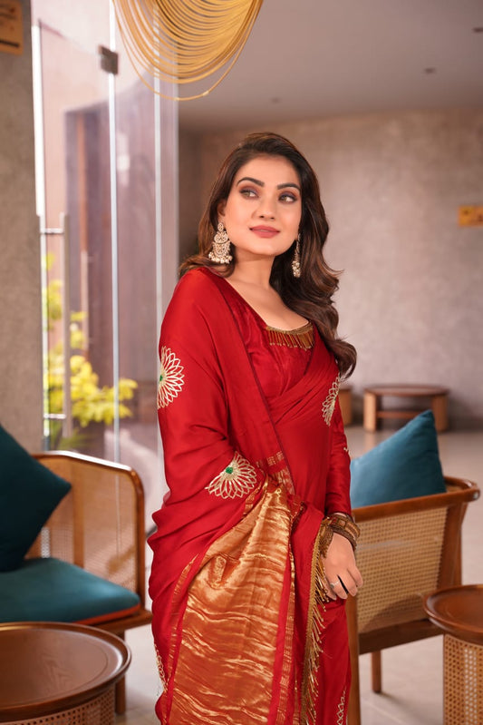 Maroon Modal Silk Saree with Handcrafted Gota Patti Floral Work