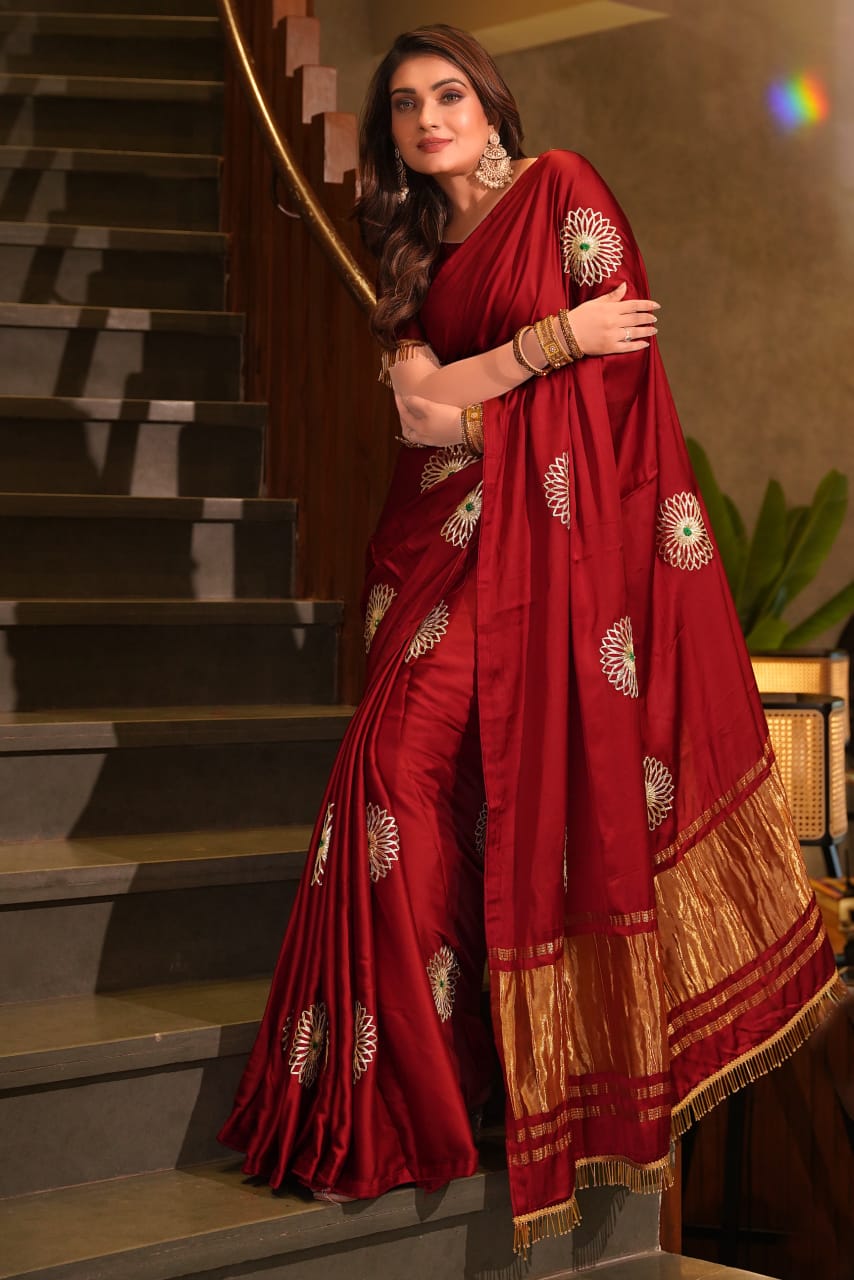 Maroon Modal Silk Saree with Handcrafted Gota Patti Floral Work