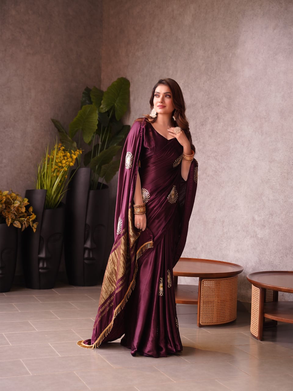 Modal Silk Saree with Handcrafted Gota Patti Floral Work