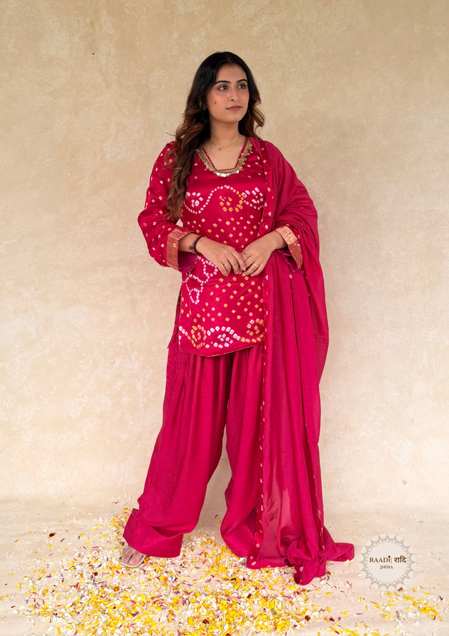 Rani Pink Gajji Silk Handcrafted Bandhani Farshi Salwar Set